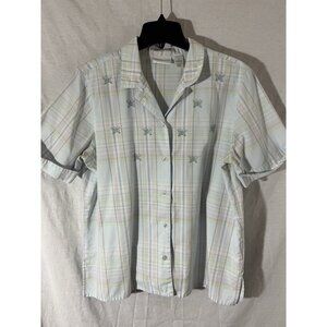 Alfred Dunner Women’s Short Sleeve Size 14 Lt Blue Pastel Plaid Button Up Blouse
